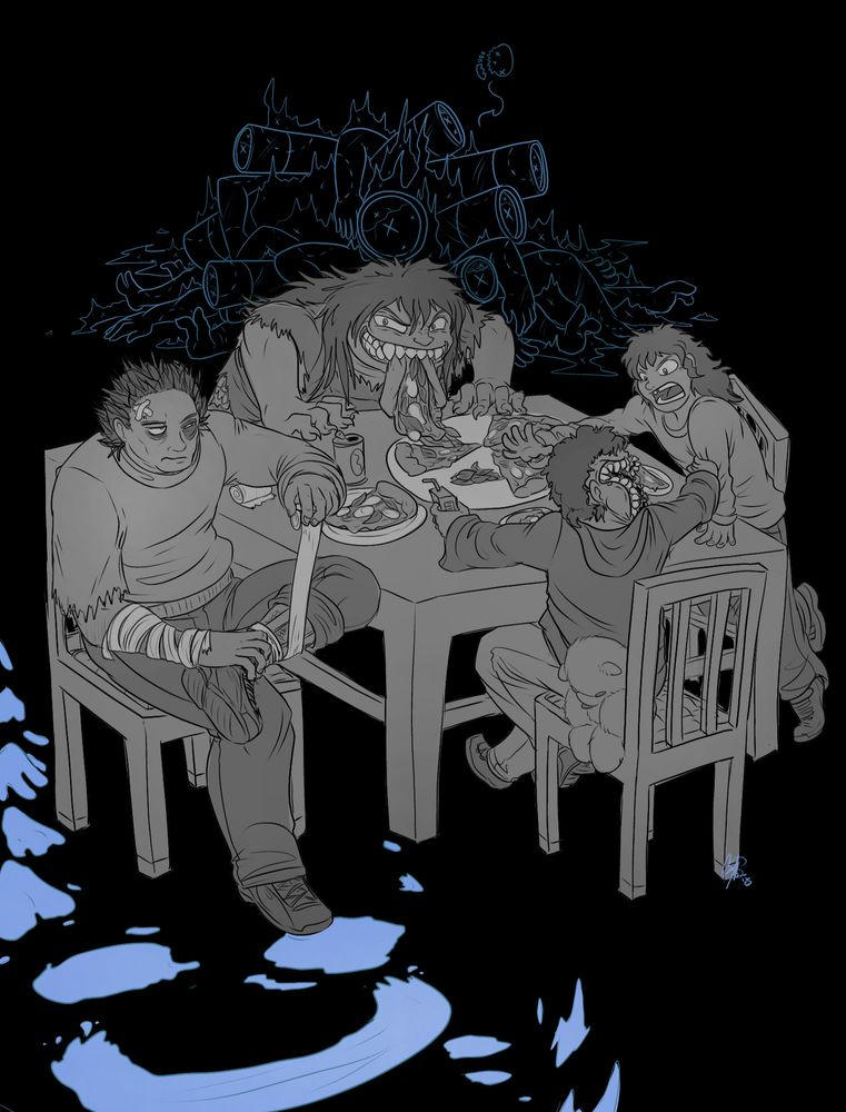 Sam, Leigh, Joel, and Sophie, gathered around a table eating pizza while a partially-invisible Stargazer/Edwin sits comically dead in the background.

Sam is nursing a lot of wounds as Leigh gives him a knowingly sinister grin, while she eats two pizzas directly off the tray without using her hands. Joel and Sophie are fighting over who gets the single juice box.