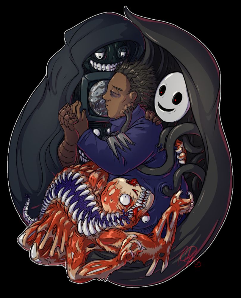 Sam, surrounded and embraced by his main three 'admirers'. His eyes are closed as he gives a kiss to Lyle's main lens, as-per the usual interaction, though his reflection is full of terrified warped/smudged eyes and teeth, like the associated Game Over.

Likewise, Shadow and Spine are also hinting at their own Game Over states, with Shadow plunging its limbs into Sam's face and side like dough, and Spine digging her claws into Sam's back.