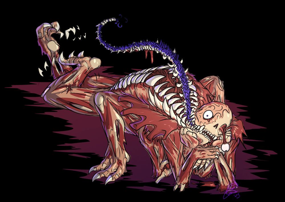 Spine lying down, cupping her head in all four hands (two against her cheeks, two under her chin), while she kicks two of her four legs behind her 'cutely' as she playfully waves her prehensile spine in greeting.