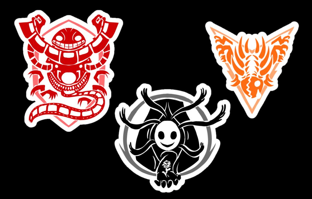Three rough badge/sticker designs of Sam's three primary 'stalkers' - Lyle, Shadow, and Spine - in the style of the Team Mystic, Valor, and Instinct logos from Pokemon GO.