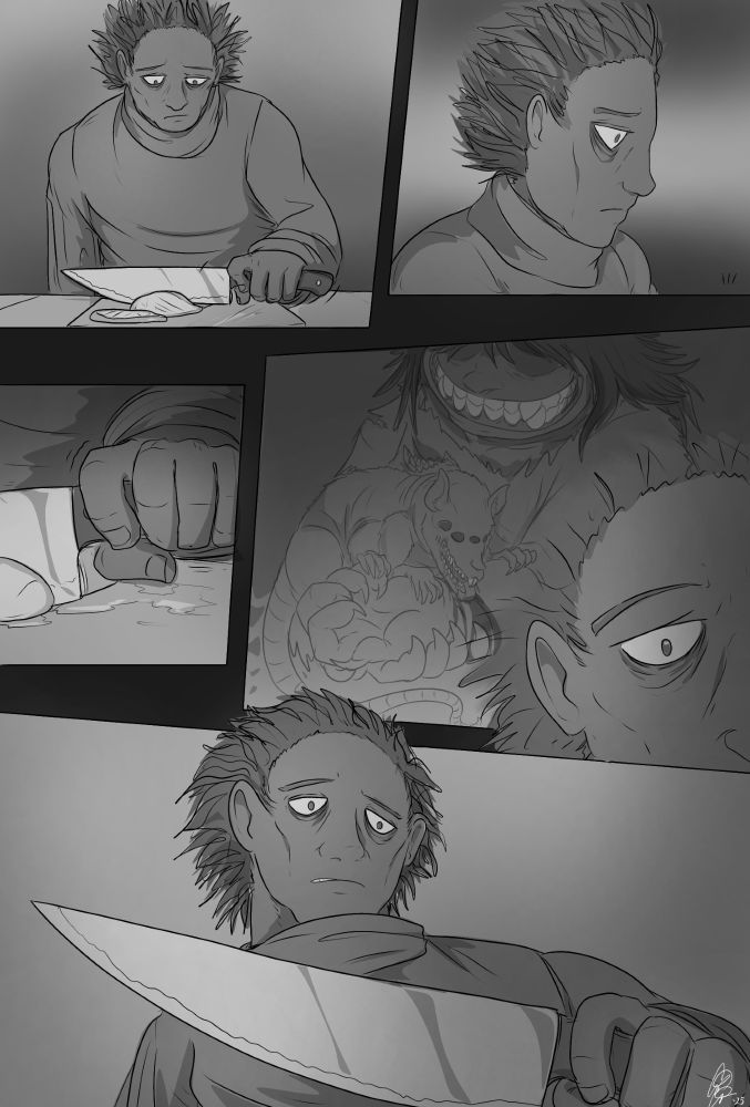 While preparing some unidentifiable cut of chicken, he zones out for a moment, remembering the time Leigh fed the rat child her blood. He stops suddenly, staring at the knife in his hand.