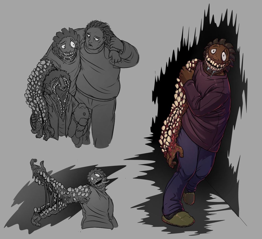 Clint from Look Outside; one colored image of him slouched and walking with a shoulder against a wall, a grayscale image of him being supported by Sam and Joel, and a grayscale image of him 'biting' by splitting his lower arm down the middle into a long, toothy maw.