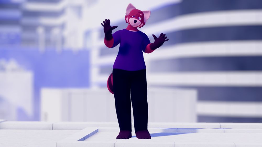 A wide shot of Ginger waving to the camera in a city.