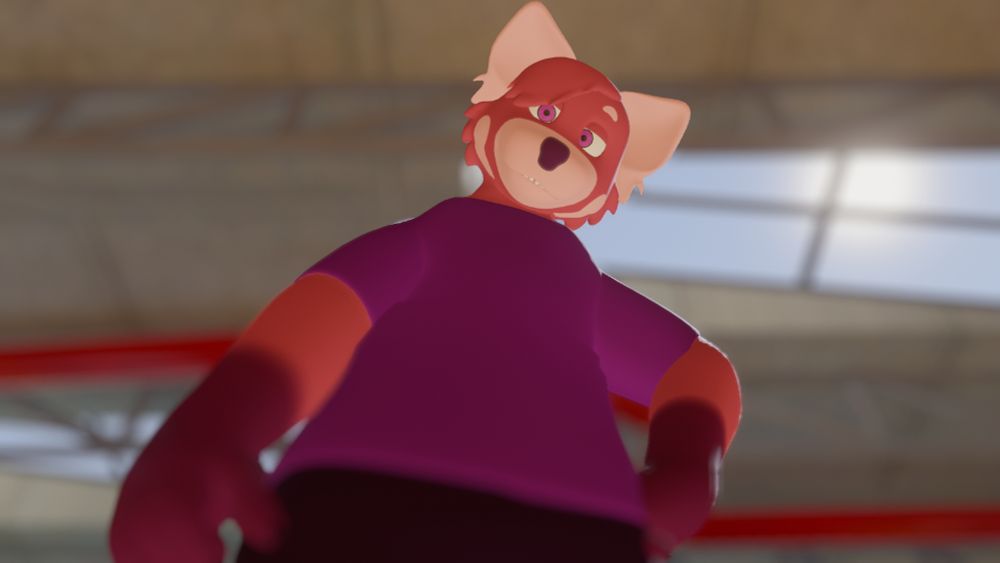 A picture of Ginger, a red panda, looming over the viewer with a hand on their hip.