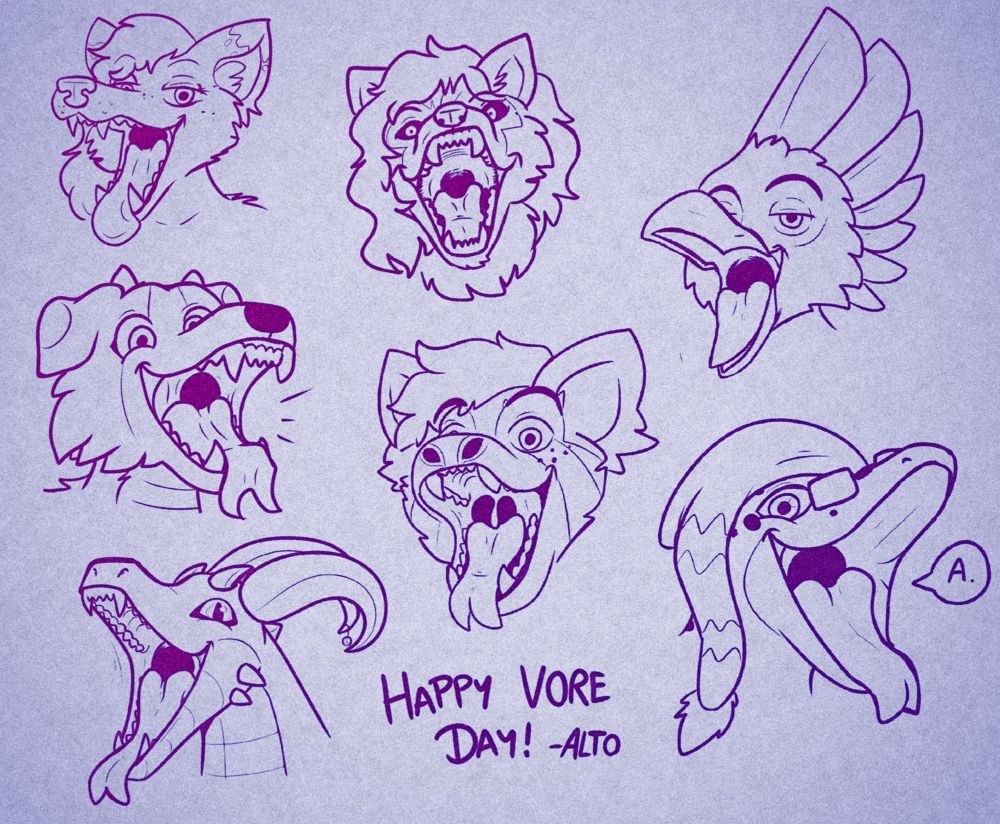 7 drawings of different characters with their mouths wide open.