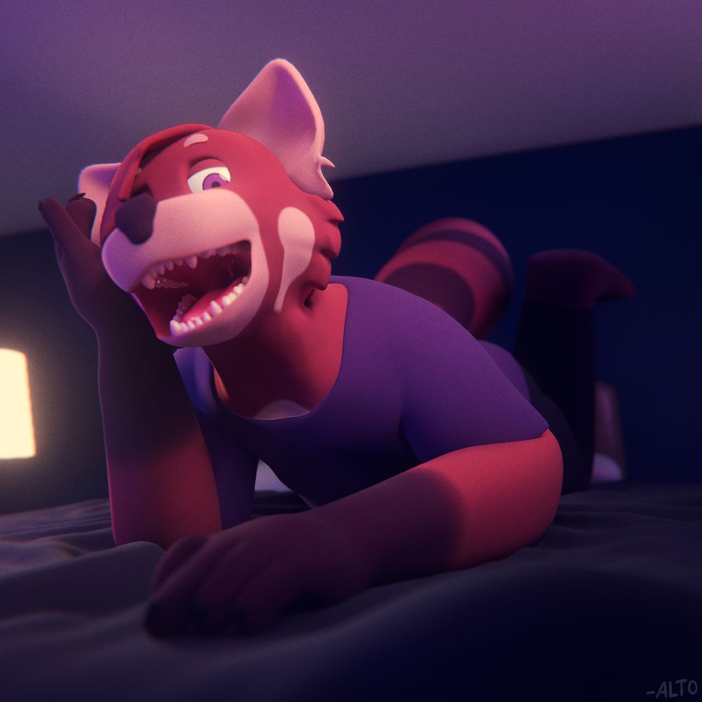 A 3D Render of Ginger, a red panda, laying on a bed with their mouth suspiciously open.