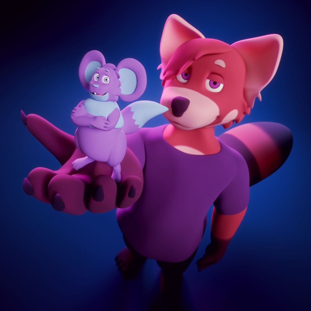 A 3D render of Ginger, a red panda, holding up Alto, a tiny rodent, up to the camera with exaggerated perspective