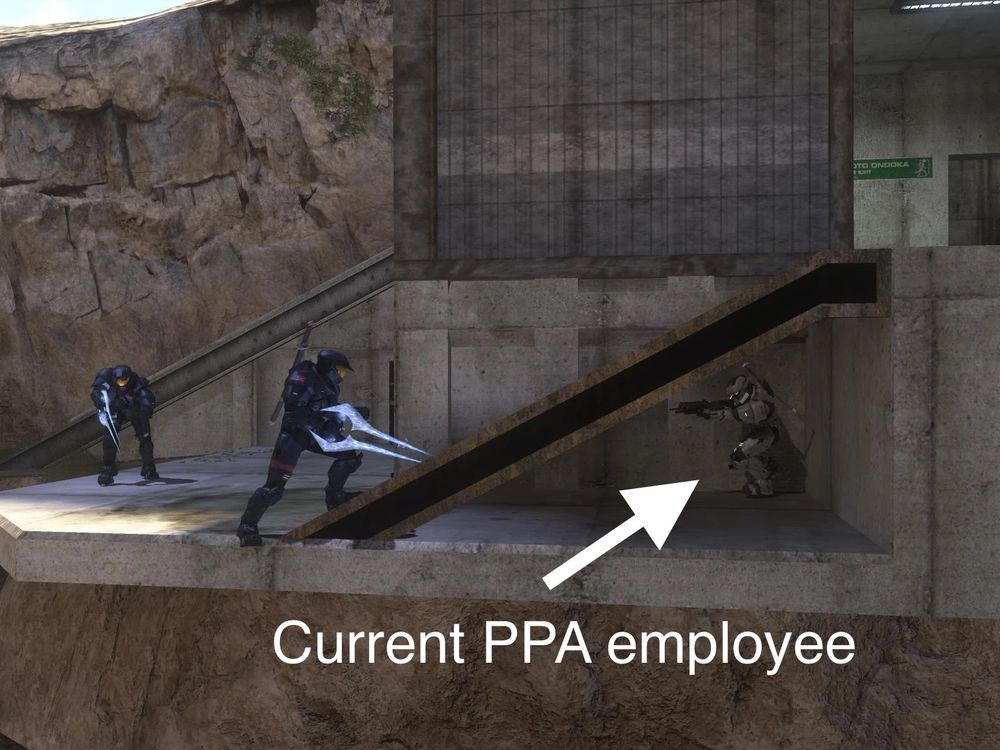 A spartan from the game Halo 3 hides under a staircase with a shotgun, engaging in a low-skill strategy known as “camping.” An arrow points towards them labelled “Current PPA employee.” In front of the stairs are two other spartans holding energy swords.