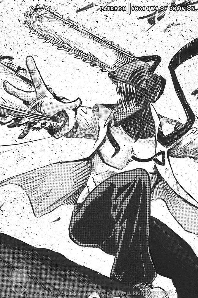 Close up Chainsaw Man and his screen tones