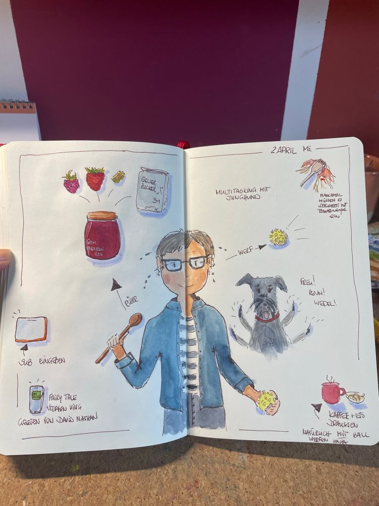 Offenes Skizzenbuch gehalten über einem Schreibtisch. Darin in kleinen Sketches mit Tinte und Aquarell eine Frau mit Kochlöffel in der rechten und einem Ball in der linken Hand, daneben Beeren und ein Glas mit der Aufschrift Gem. Beeren 4.25 und auf der anderen Seite ein wedelnder Hund. Außerdem ein Handy und eine Gabel mit Spaghetti