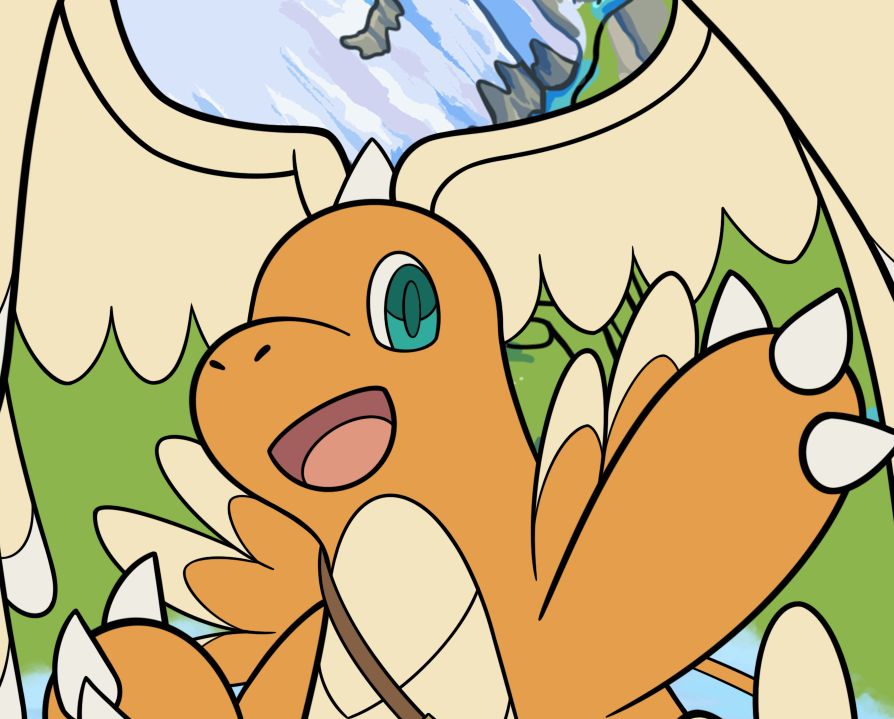 A Mega Dragonite smiling and waving at the camera.