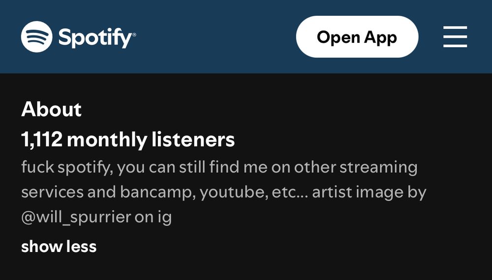 Bio from Conor lynch’s spotify bio saying “fuck spotify, you can still find me on other streaming services and bancamp, youtube, etc... artist image by @will_spurrier on ig“