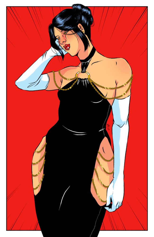 Illustration of a Korean woman in a black evening dress with cutout panels at the hips that are joined by gold chains