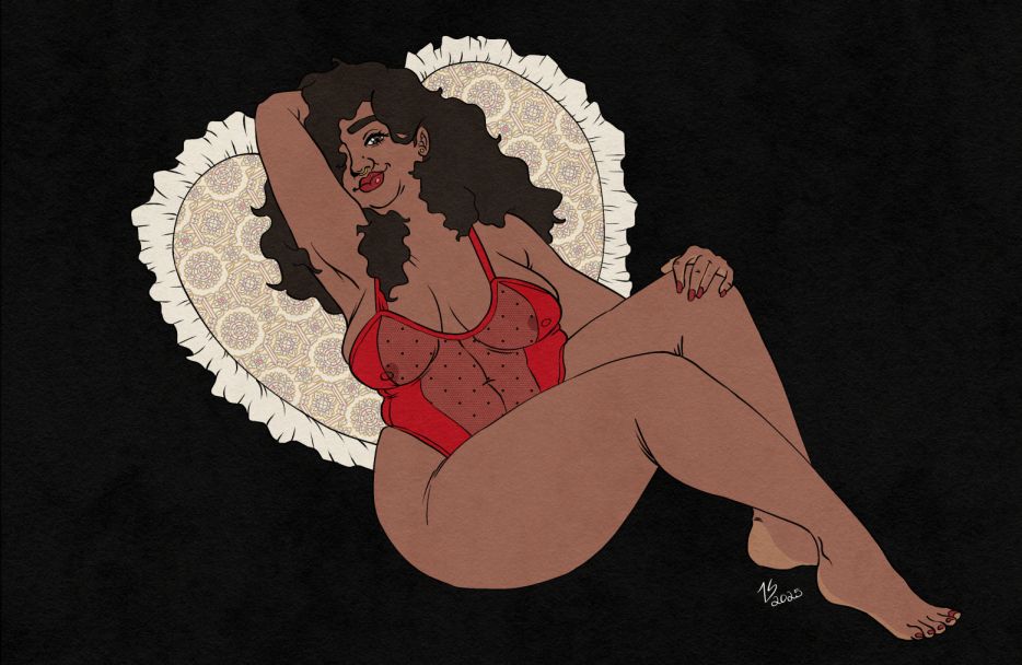 Illustration of a heavyset Desi woman in a red teddy relaxing against a heart-shaped pillow