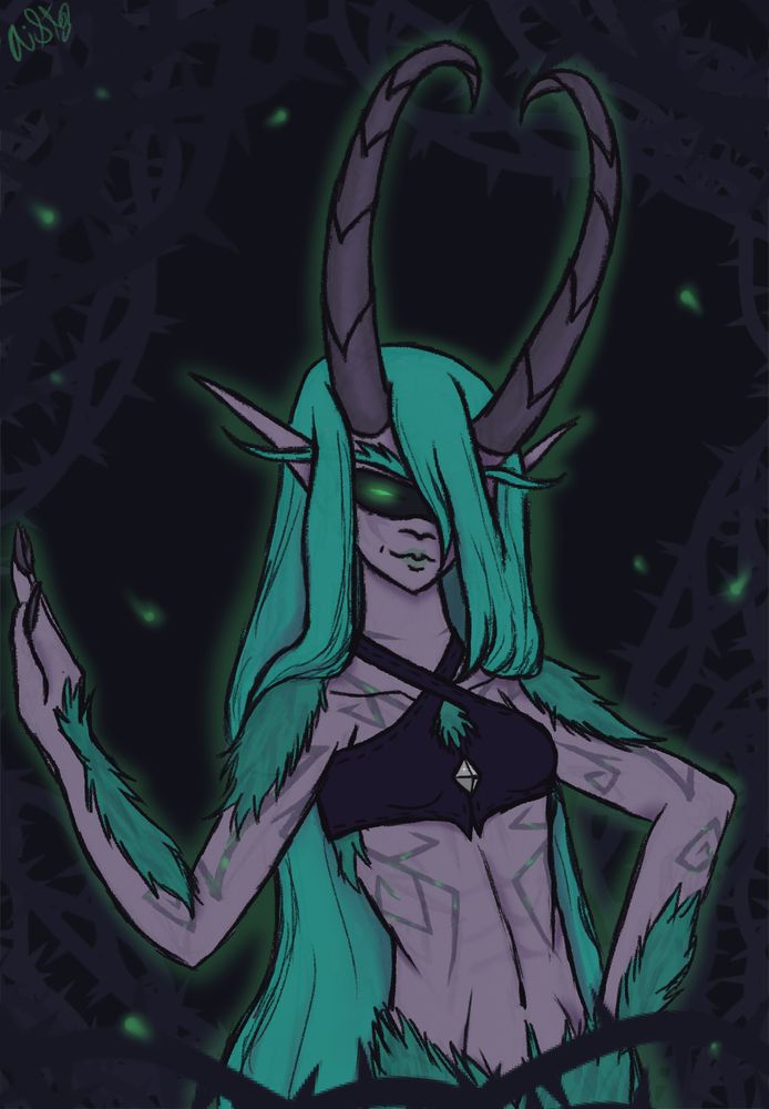 Nyxxa in purple clothes and down hair, covering a side of her face.  She Also wears a blindfold.