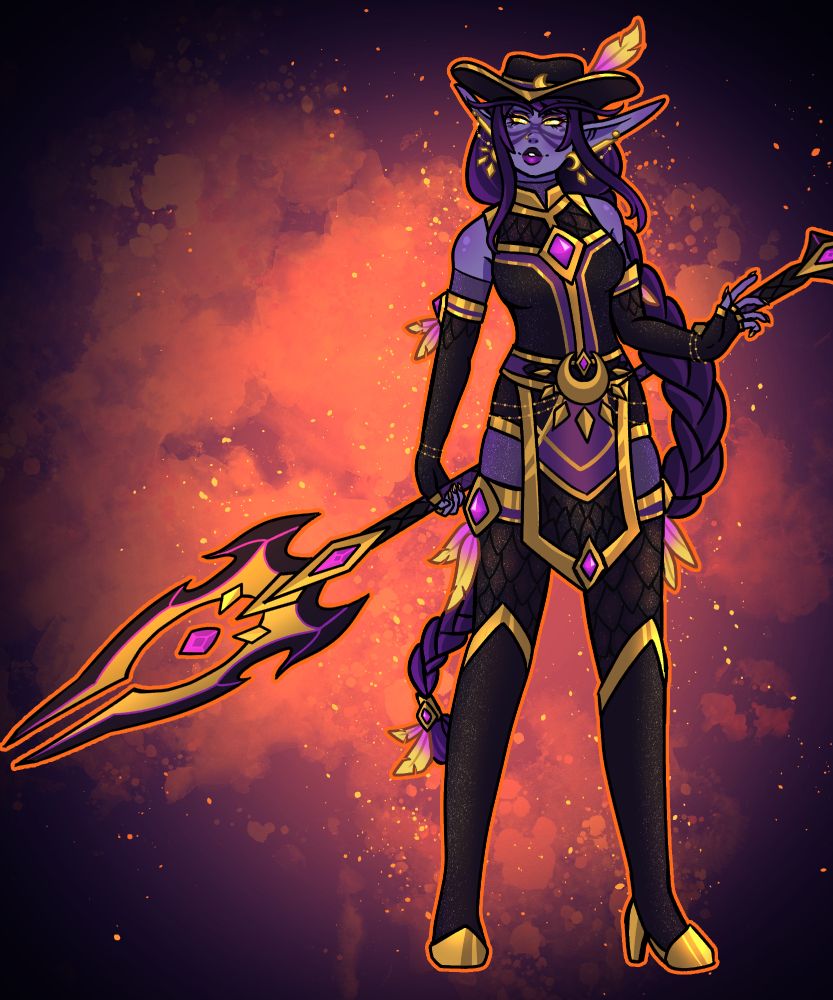 Highborne elf with purple hair, purple skin and amber eyes.  She wears armor styled like a tabard and made of black dragon scales.  She also wears a cap with a gold and pink feather.  She holds a two pronged riding lance in her hand.