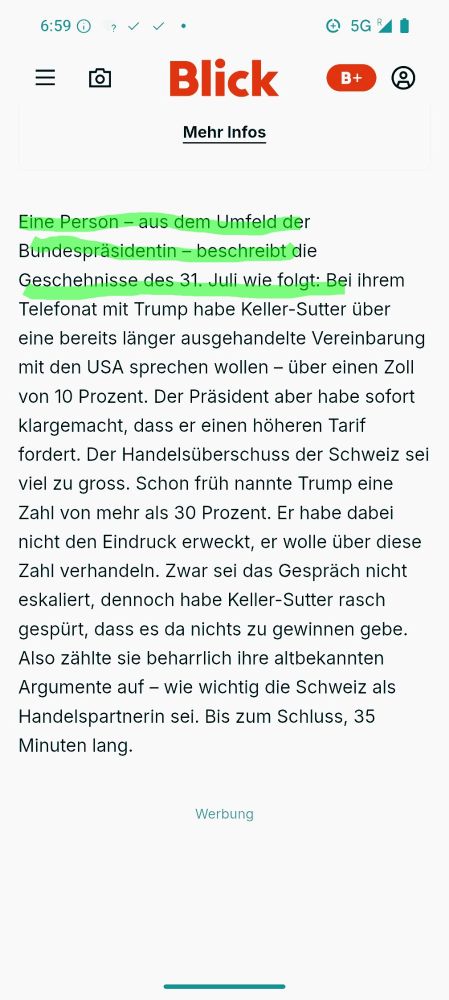 Eine Person – aus dem Umfeld der Bundespräsidentin – beschreibt die Geschehnisse des 31. Juli wie folgt: Bei ihrem Telefonat mit Trump habe Keller-Sutter über eine bereits länger ausgehandelte Vereinbarung mit den USA sprechen wollen – über einen Zoll von 10 Prozent. Der Präsident aber habe sofort klargemacht, dass er einen höheren Tarif fordert
