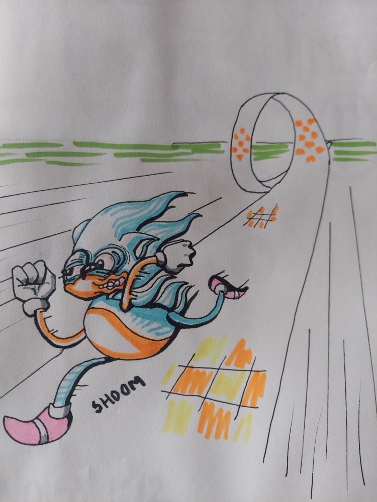 Weird Sonic the hedgehog with distorted face because he is going very fast