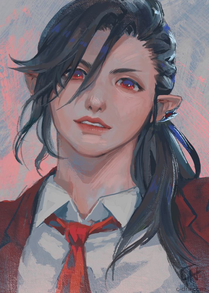 Illustrated portrait of Hilda from FFXIV in a red suit and tie