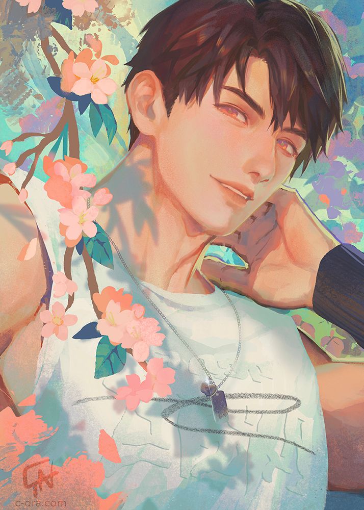 Portrait of Caleb from Love and Deepspace wearing a white sleeveless top, with a branch of flowers hanging over his right shoulder