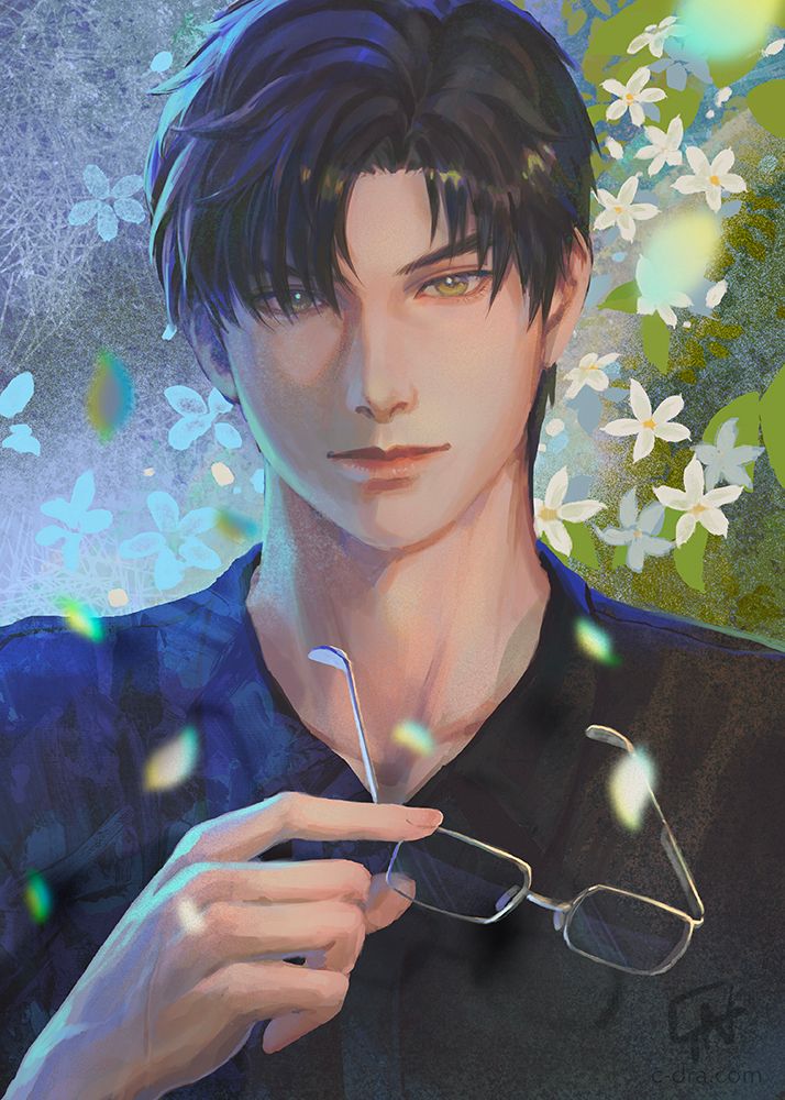 Portrait of Zayne from Love & Deepspace in a black collared shirt, holding a pair of glasses with jasmine flowers in the background