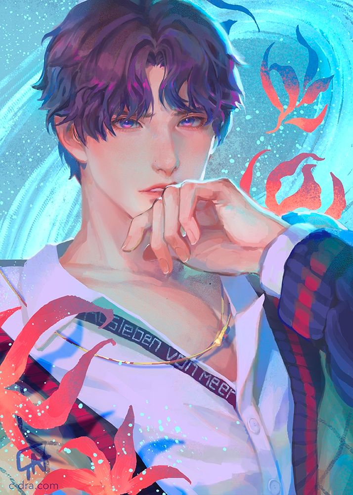 Portrait of Rafayel from Love & Deepspace against an aqua background adorned with flame lilies