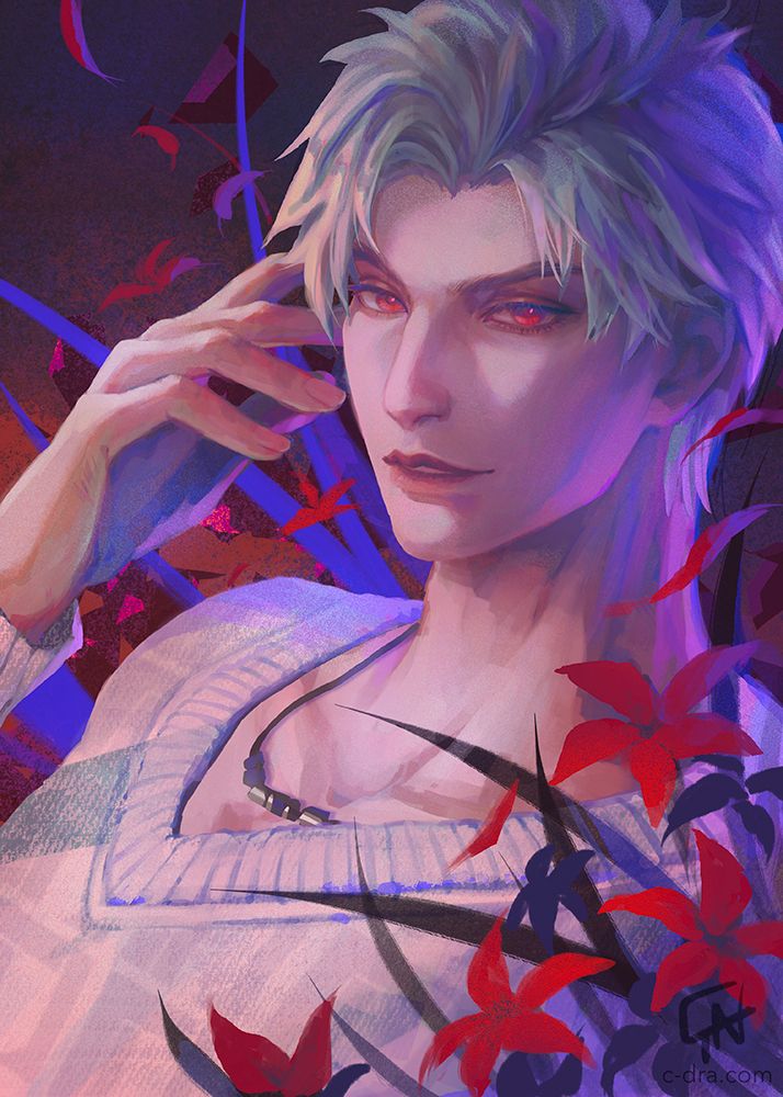 Portrait of Sylus from Love & Deepspace with red flowers on a dark background