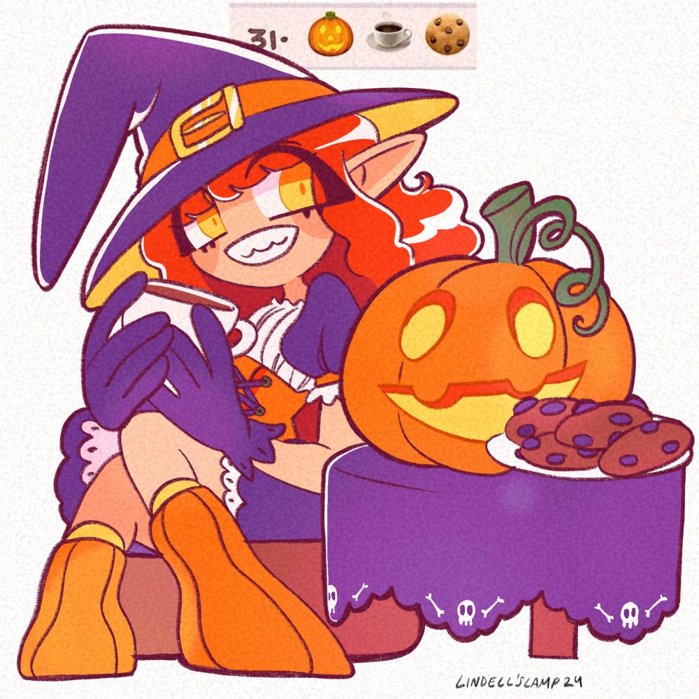 Illustration of a witch taking a coffe next to a table with cookies and a pumpkin.