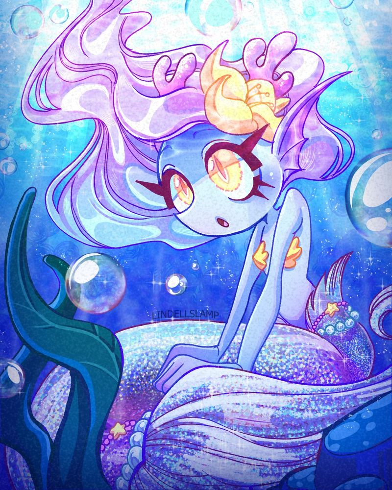 Pink haired mermaid with yellow eyes and a yellow flower on her head. Her skin is blue and the tail has some purple sparkles. She is sitting on a rock surrounded by bubbles.