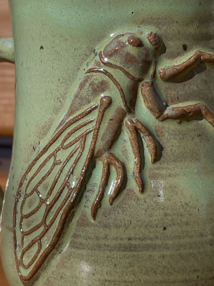 Close up of a light green ceramic mug with a bas relief figure of a cicada. The glaze is thin on ridges of the carving showing the details on the bug