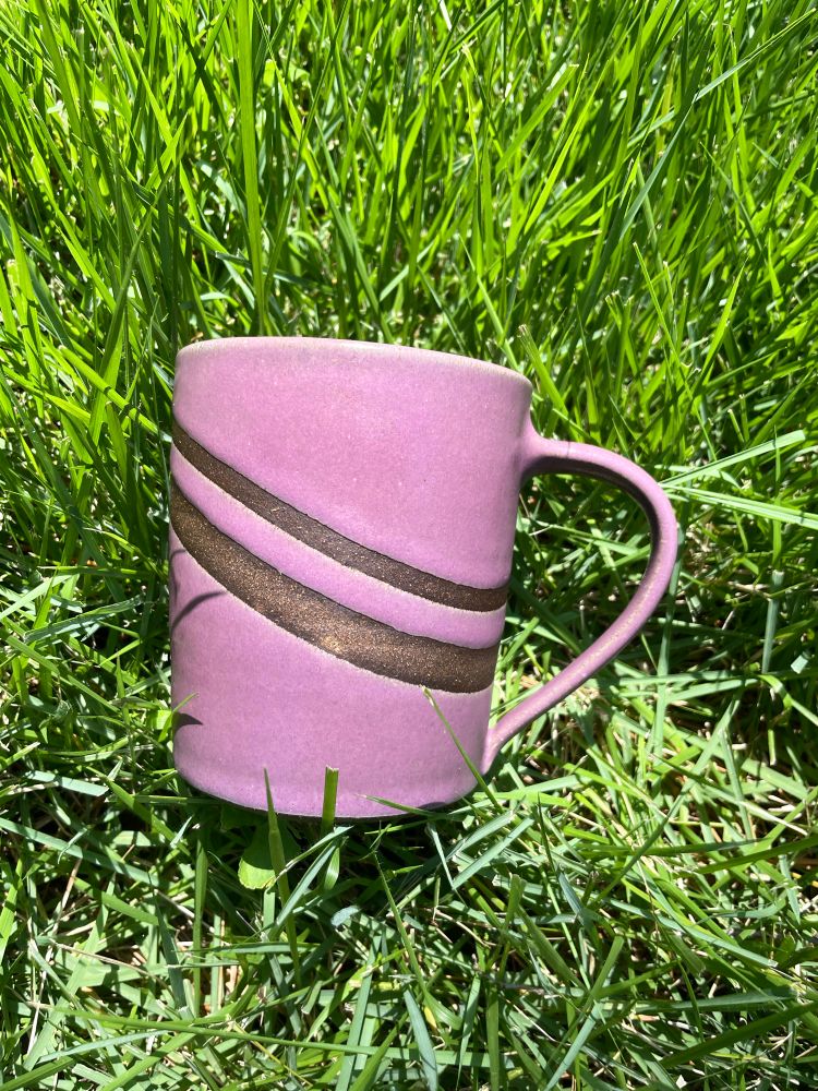A purple mug with brown bands sits on bright green grass