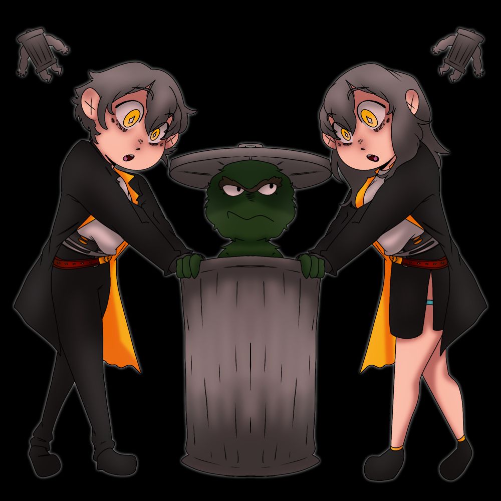 Stelle and Caelus from honkai star rail with Oscar the Grouch from sesame street