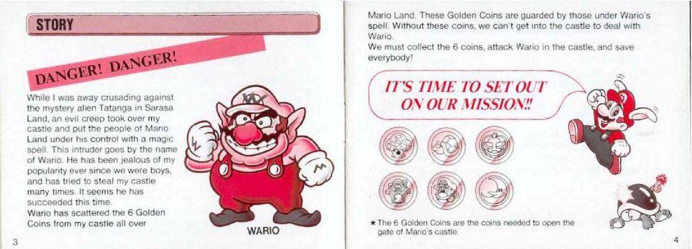 Super Mario Land 2 manual pages introducing Wario in an unflattering manner