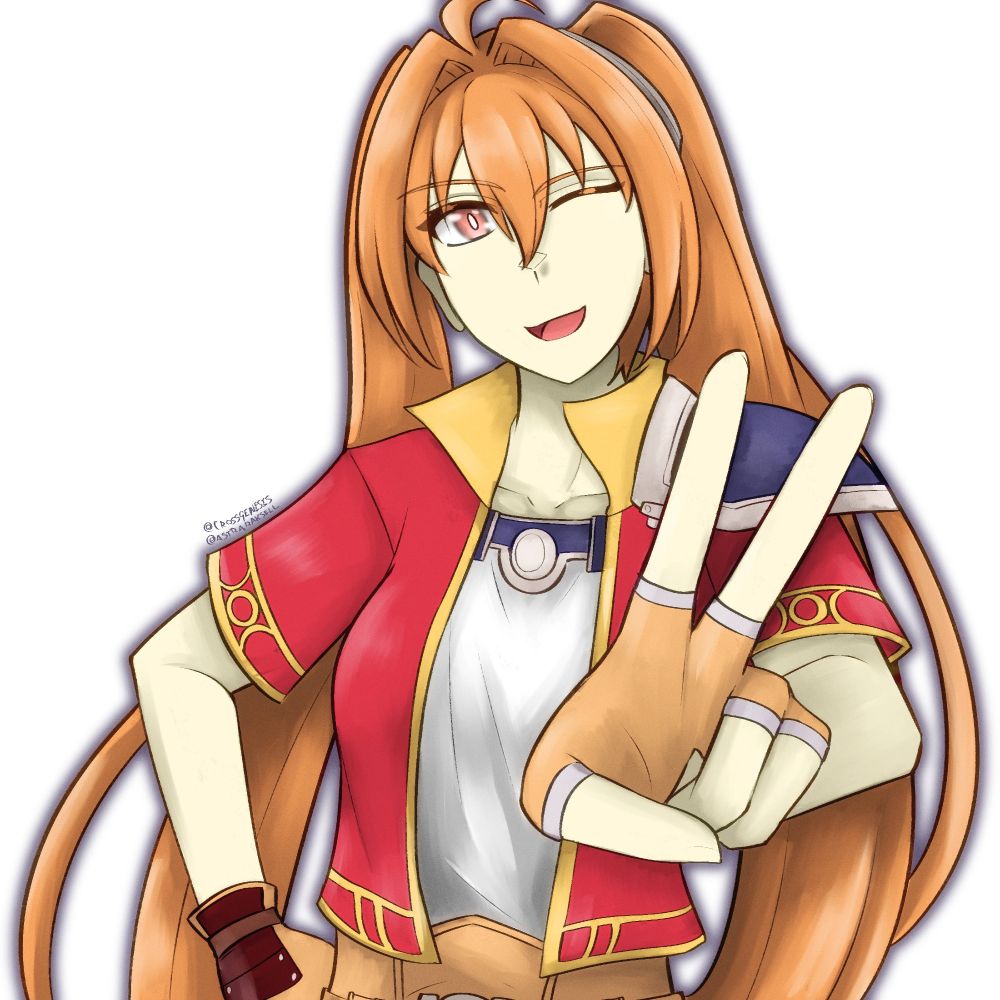 Estelle Bright from Trails in the Sky winking and giving a peace sign for the viewer