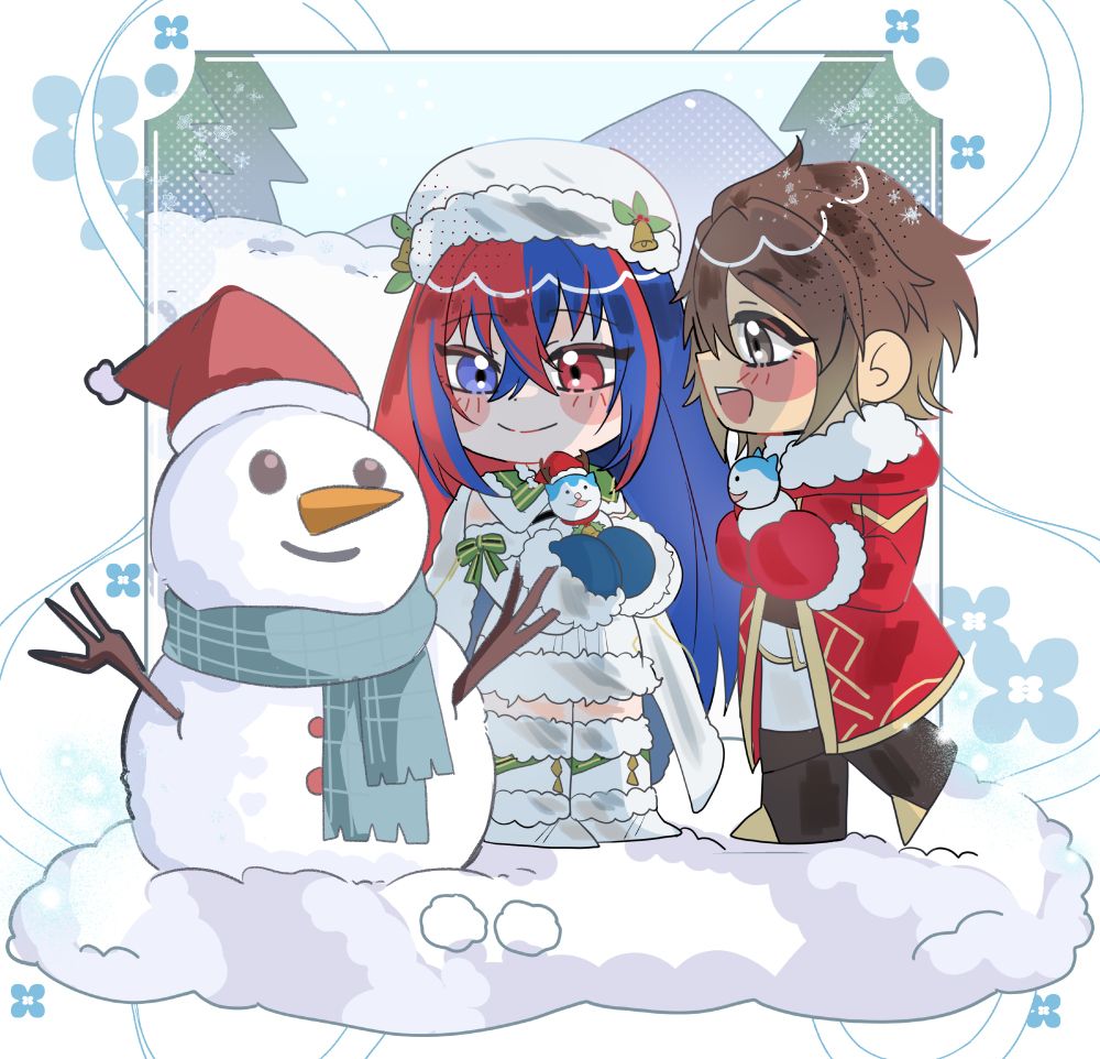 Female Alear from Fire Emblem Engage in her Fire Emblem Heroes winter attire, and my FEH Summoner in his winter outfit, both holding small snow Sommies while looking at a snowman they built together.