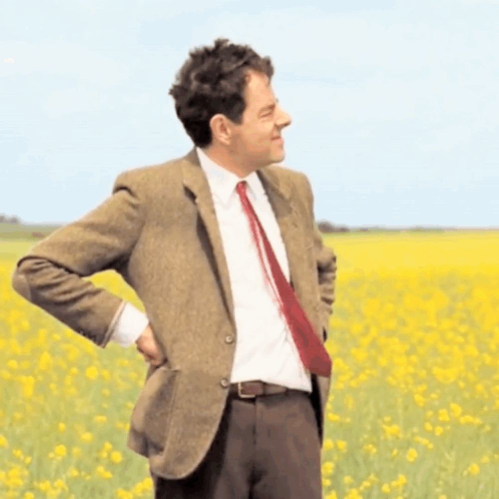 a man wearing a suit and tie is standing in a field of yellow flowers