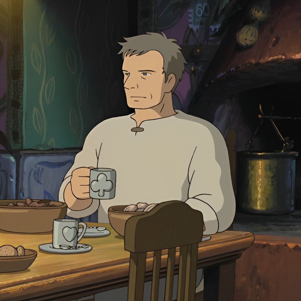 a character from the animated film Arrietty a middle aged man sitting on a chair in front of a table picking up a mug