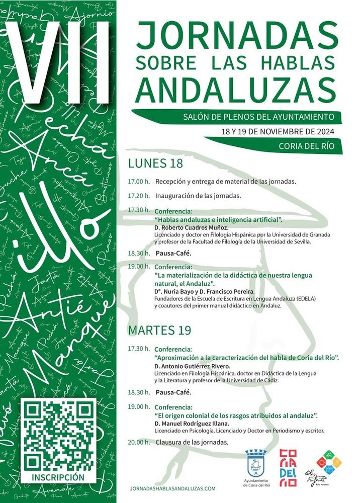 Cartel de la séptima edición de las Jornadas sobre las Hablas Andaluzas, que tendrá lugar en el Salón de Plenos del Ayuntamiento de Coria del Río (Sevilla) los días 18 y 19 de noviembre.