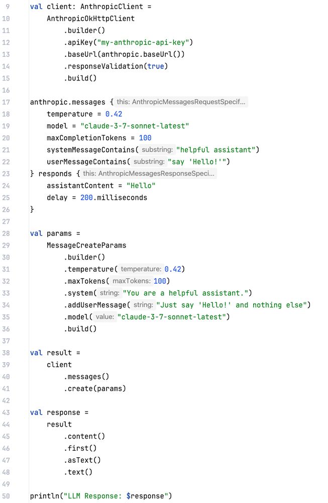 Sample code for integration testing with Anthropic SDK client