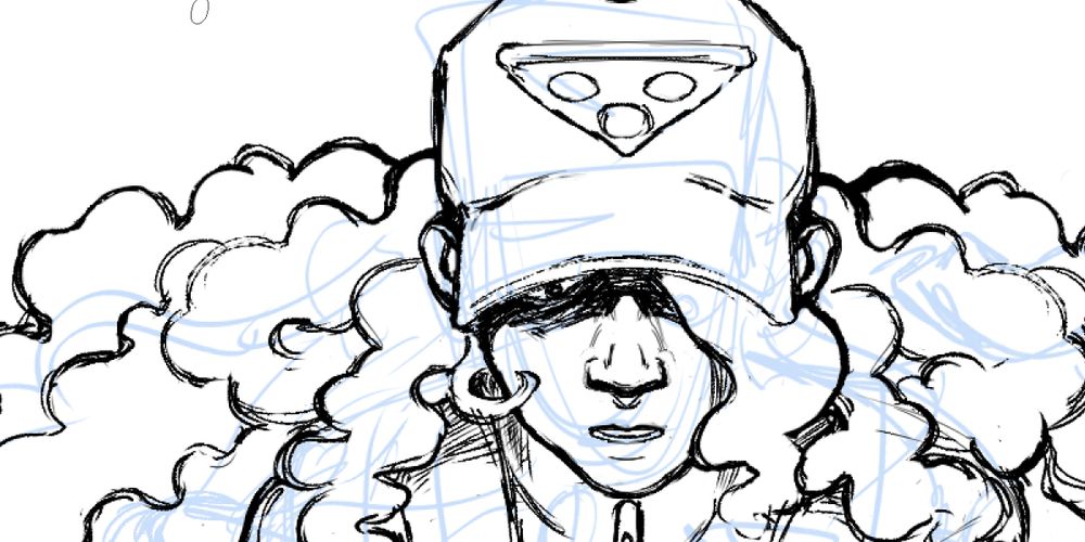 screenshot of a page from Spirit Pizza (comic) linework: a girl with thick hair is staring down at something out of view, they have on a baseball cap with a slice of pizza symbol on the front.