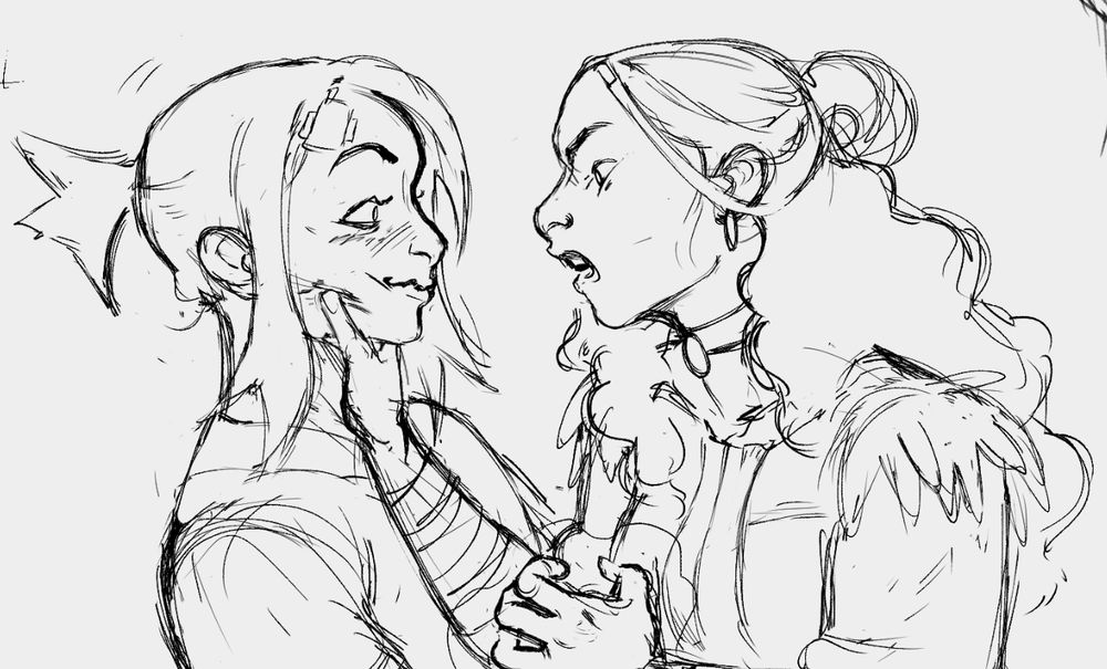 azula off-guardedly enjoying getting chastised by katara as she holds her face with one hand and her other in a clawed position.