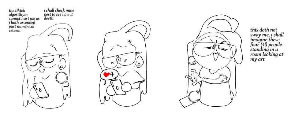 a representation of the artist look at their phone to check an art post-- that art post has 4 likes which they seem momentarily disappointed by before assuming a hime laughing stance saying "this doth not sway me, i shall imagine these 4 people standing in a room looking at my art"