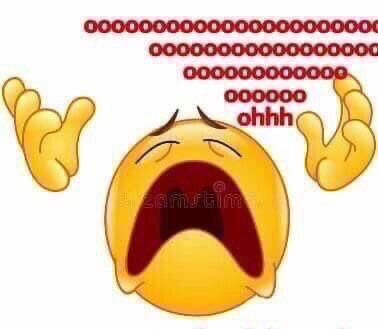 A yellow emoji face in distress with its hands up and saying “oooooooooohhhhhhh”