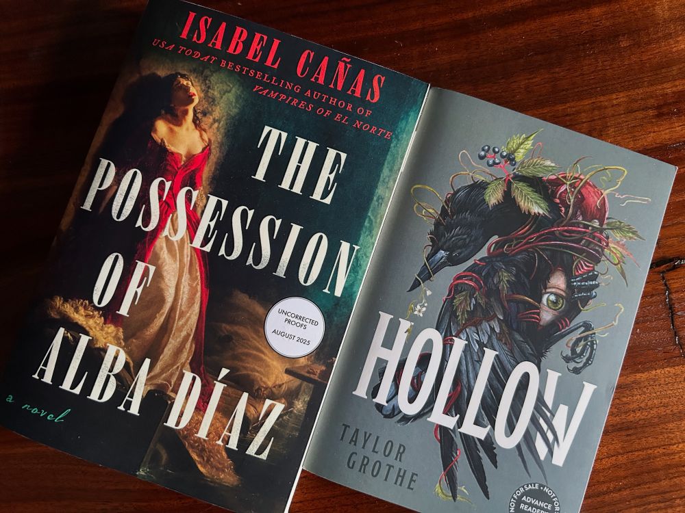 The possession of alba Diaz book by Isabel Canas on the left and hollow book by Taylor Grothe on the right