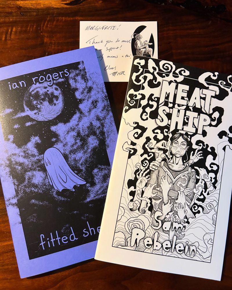 Rapture publishing chapbooks fitted sheet by Ian Rogers (left) and Meat Ship by Sam Rebelein