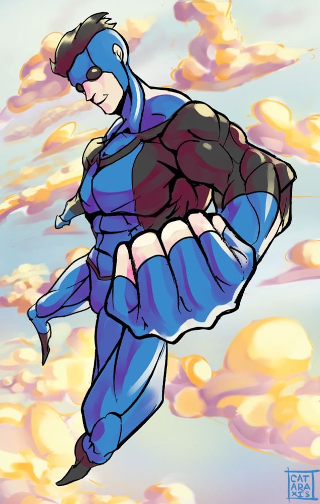 A picture of Mark Grayson from Invincible in his blue suit, high above the clouds