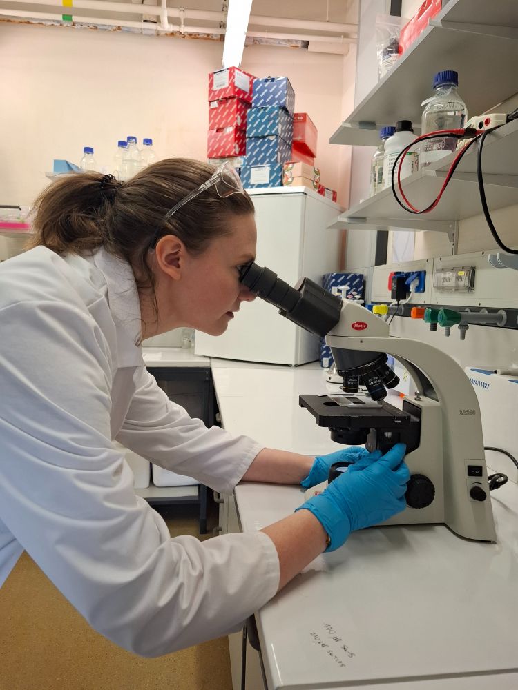 Emilie in her lab at the microscope