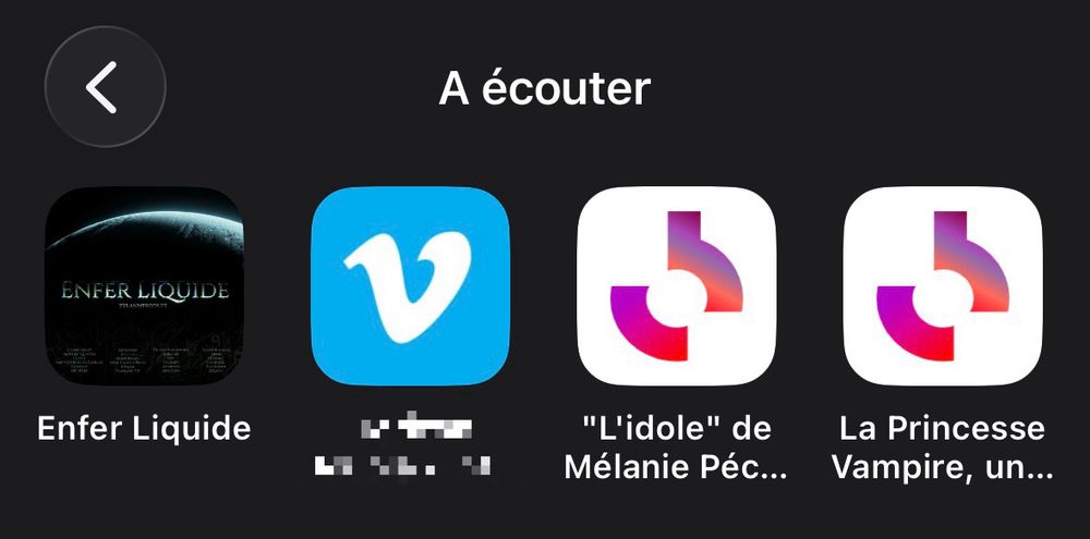 Une capture de mes favoris, on y voit 4 liens vers des fictions sonores (dont une n’est pas partageable pour l’instant). Enfer Liquide de Zylann, L’idole de Mélanie Péclat et La Princesse Vampire d’Octave Broutard. Les deux dernières sont des productions France Culture.