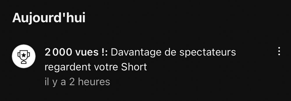 Une capture d’écran d’une notification YouTube qui dit : « 2000 vues !: Davantage de spectateurs regardent votre Short »