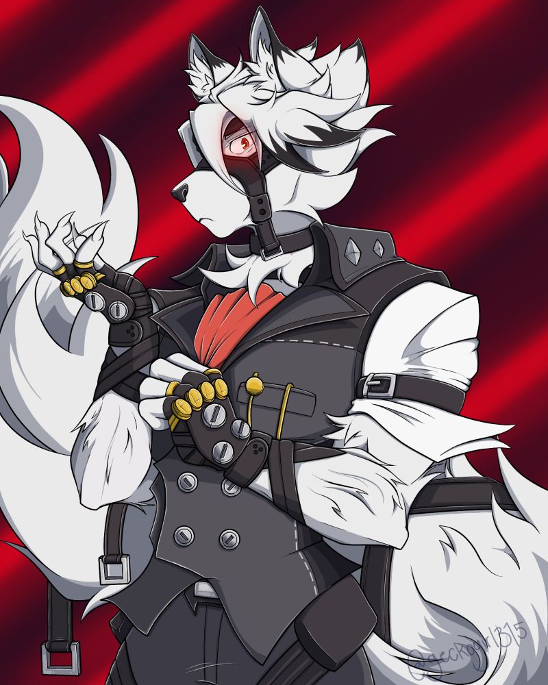 Von Lycaon, anthropomorphic wolf from the video game Zenless Zone Zero is adjusting his gloves. His eyes have a slight red glow.